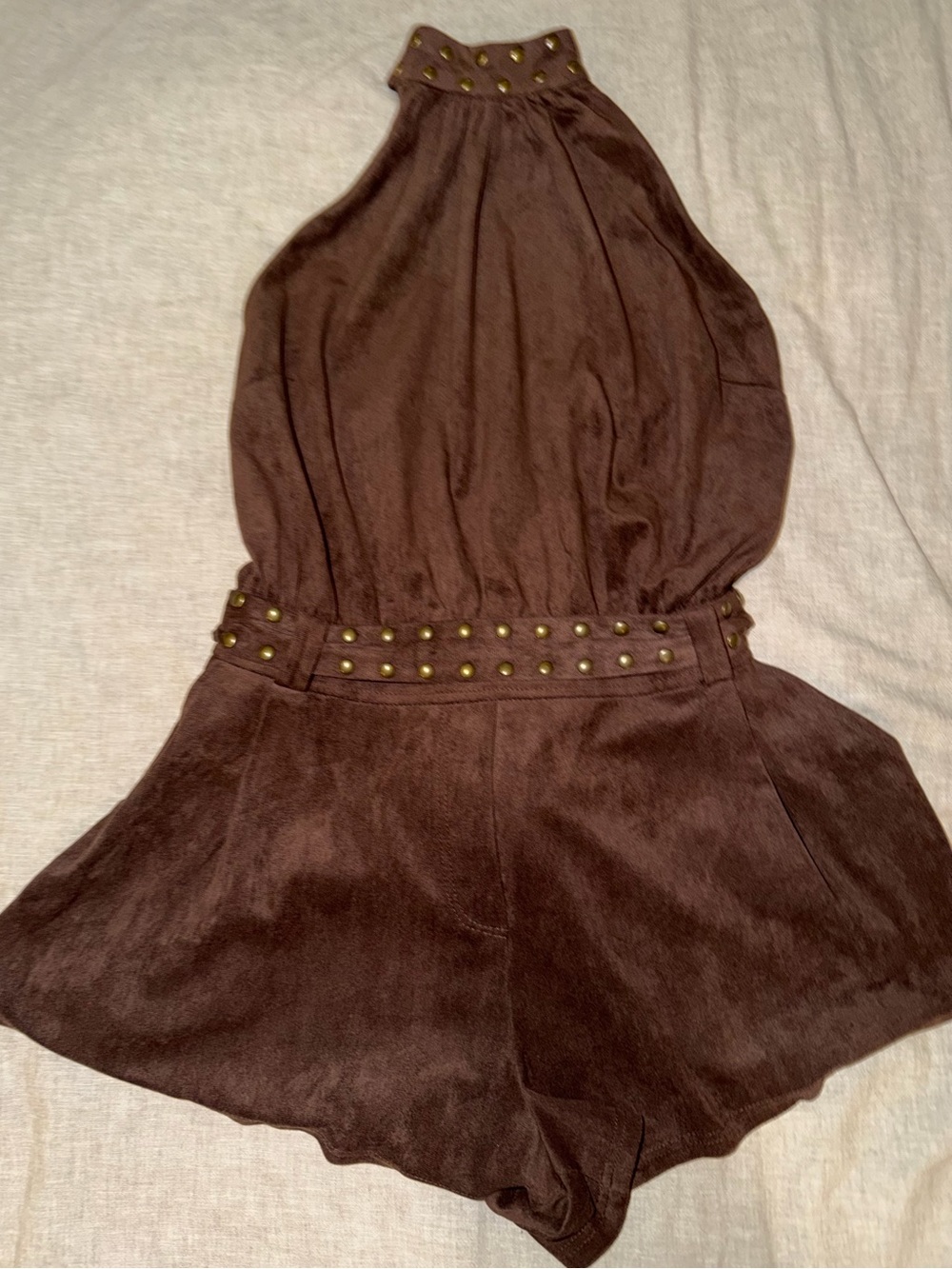Fashion Nova Johanna Faux Suede Studded Romper Brown Size L